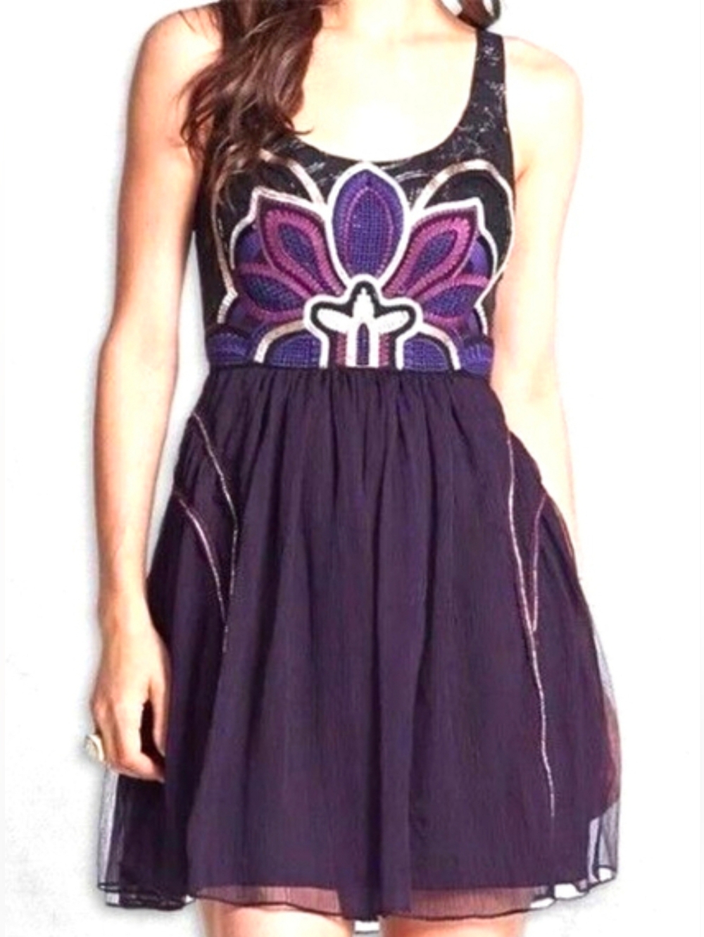 Free People Purple and Black Lotus Pond Embellished Fit and Flare Dress Size M
